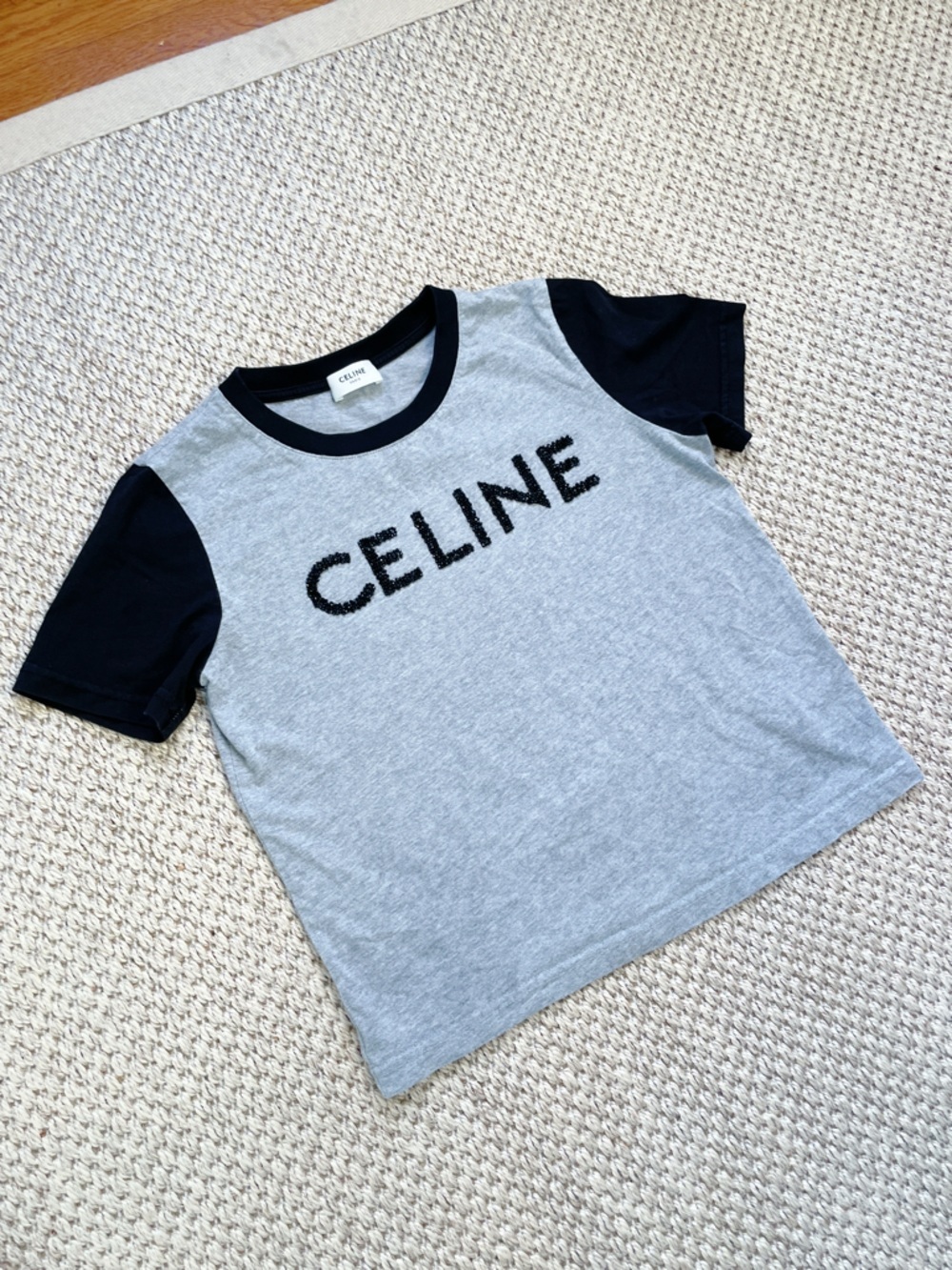 Celine Paris Beaded Logo T-Shirt Gray & Black Cotton Tee Women’s Medium Italy